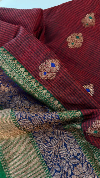 Pure Handloom Maroon Tussar Beneras Katan saree with prestitched blouse