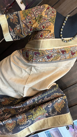 Pen Kalamkari hand painted embroidered  tussar saree online usa with stitched blouse