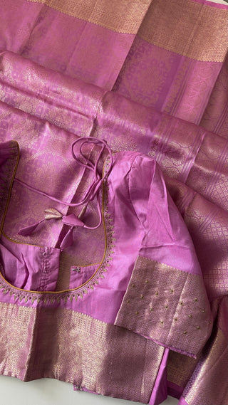 Brocade kanjivaram pastel lavender gold zari with stitched blouse traditional kanchi pattusaree saree Indian wedding