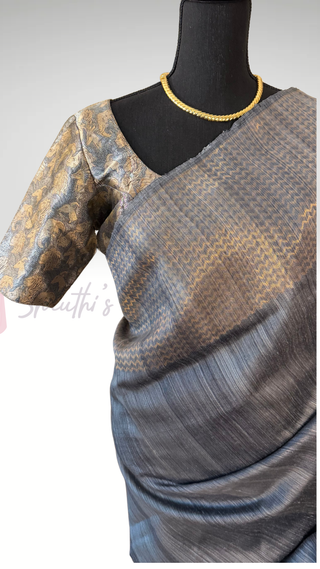 Handloom  pure Jute Silk Saree Grey pure silk saree raw silk finish with hand painted kalamkari stitched blouse Partywear pooja wear ready to ship Saree USA