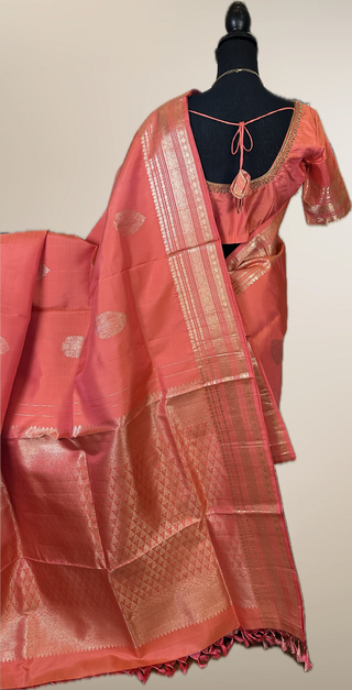 Kanjivaram silk Pastel Peach Pink saree with hand embroidered blouse