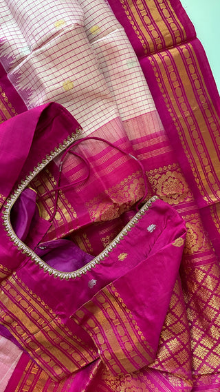 Pink checks Gadwal handwoven silk saree with stitched blouse