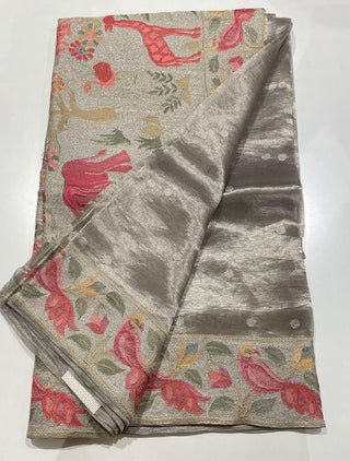 Grey silver tissue Organza soft weave paithani silver borders with stitched blouse
