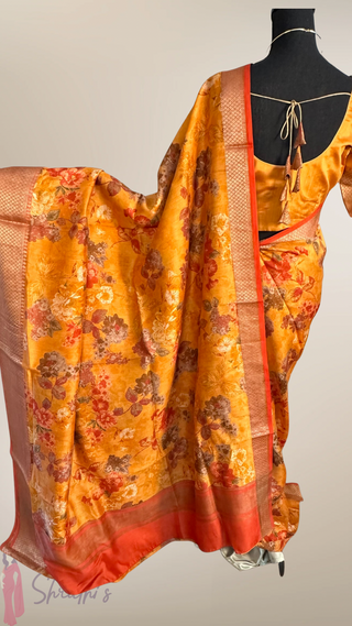 Printed Floral chinya orange  silk sarees with stitched blouse