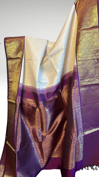 Ven pattu saree White Cream and purple pure zari kanjivaram silk saree with prestitched blouse embroidered blouse