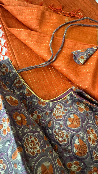 Orange pure tussar silk with Kalamkari blouse silk blouses Partywear Indian saree usa