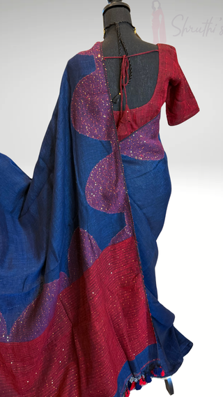 Handloom pure linen saree with sequin blouse pallu ready to wear blouse ships from Dallas partywear easy drape summer weaves