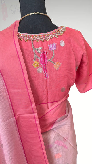 Handloom Pure zari Kota saree Pastel Pink silver zari with embroidered stitched blouse