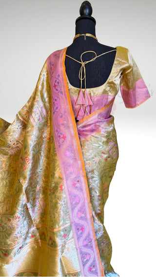 Pure Jamdhani gold tissue silk  Handloom silk saree silk saree bandhej pallu Partywear Diwali online shopping with prestitched blouse