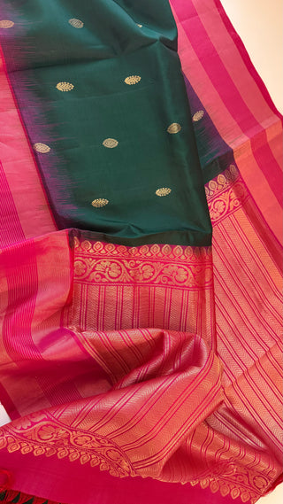 Pure Soft Silk Saree Bottle green with pink  silk saree with embroidered  Stitched Blouse Indian handloom wedding pattu Saree Online USA Ready to Ship Saree Online USA Easy Drape