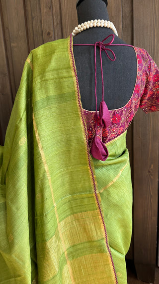 Parrot Green pure tussar silk with kantha work silk blouses Partywear Indian saree usa
