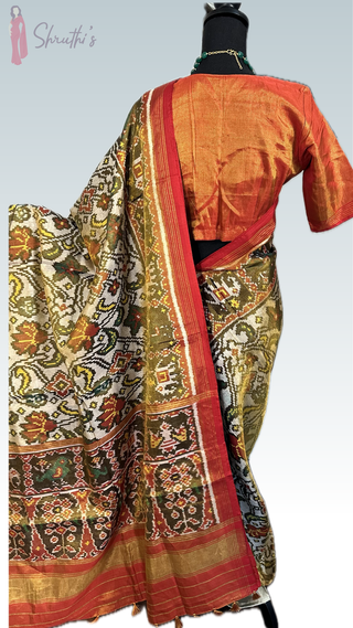Tissue Handloom pure silk Patan patola silk saree with  silk finish pallu double threaded saree with prestitched blouse