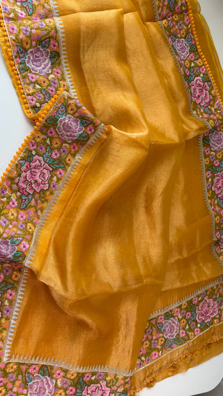 Pure Tissue Beneras yellow handwoven pure silk saree stitched blouse saree readymade online USA