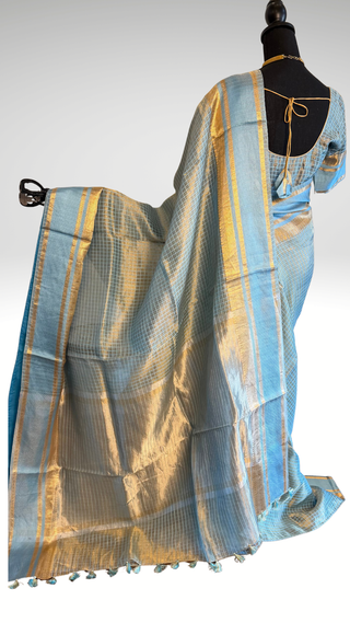Pure Tissue Beneras pastel Ice Blue checks handwoven pure silk saree stitched blouse saree readymade online USA