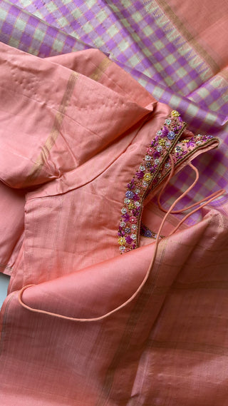 Pastel pure kanjivaram  silk checks saree with hand embroidered blouse