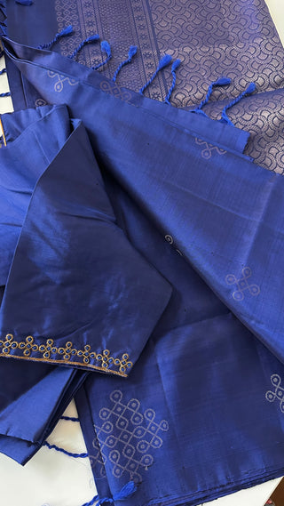 Prussian Blue pure  soft silk saree  zari and hand embroidered blouse