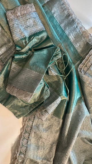 Green Pure Double Tissue katan silver Organza  silk saree with blouse online shopping usa