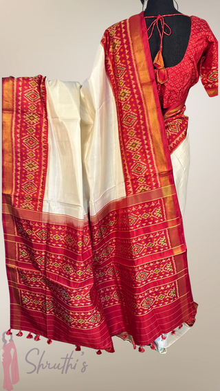 Patola Silk Saree White Red pure silk saree silk finish with stitched blouse Partywear pooja wear ready to ship Saree USA