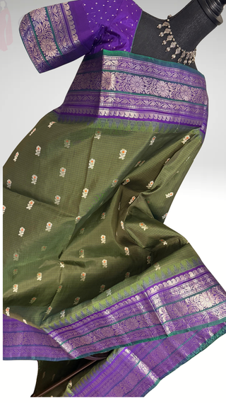 Vintage olive green  butta Gadwal handwoven silk saree with stitched blouse
