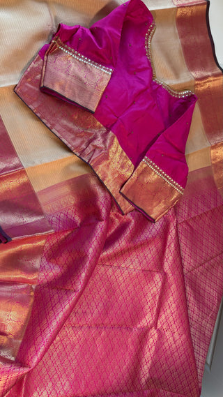 Handloom Pure kanchi Light Almond color  fine vairaoosi pure zari kanjivaram silk saree blouse and pallu indian wedding silk saree online usa