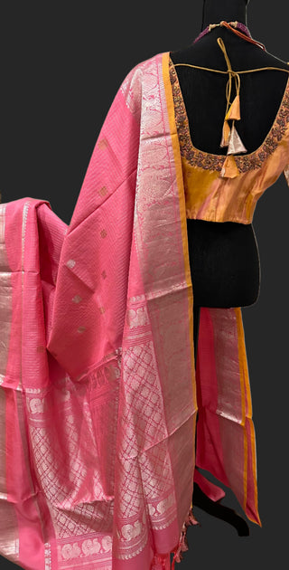 Pink Gadwal handwoven silk saree with embroidered stitched blouse