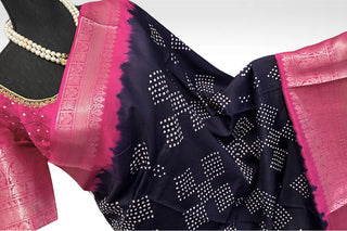 Violet pink Bandhini  Silk Saree With Hand Embroidered Blouse