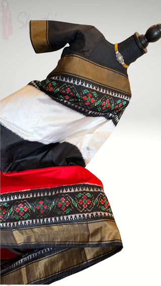 Handloom Pure  ikat silk saree with prestitched blouse border