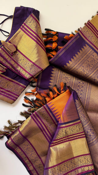 Apricot to Indigo Border Pure Kanjivaram Silk saree with stitched blouse ready to wear latest Diwali navarathri collection online USA