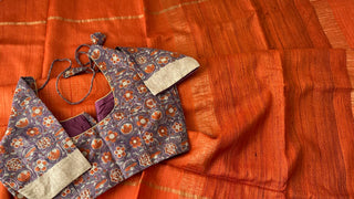Orange pure tussar silk with Kalamkari blouse silk blouses Partywear Indian saree usa