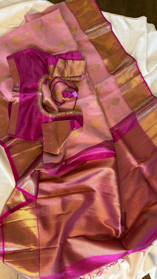 Bridal Gold Handloom Kora silk Pastel Pink pure kanjivaram silk saree stitched embroidered blouse online shopping usa  handloom silk saree
