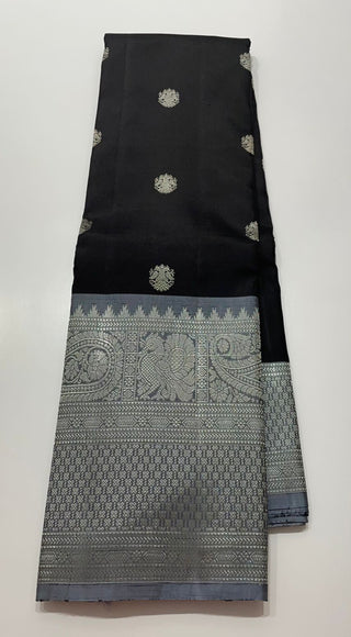 Pure kanjivaram pattu saree  silk saree onlinne USA Black Grey kanjivaram easy drape pure zari silk saree