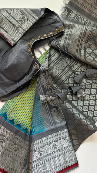 Green checks Gadwal handwoven silk saree with stitched blouse