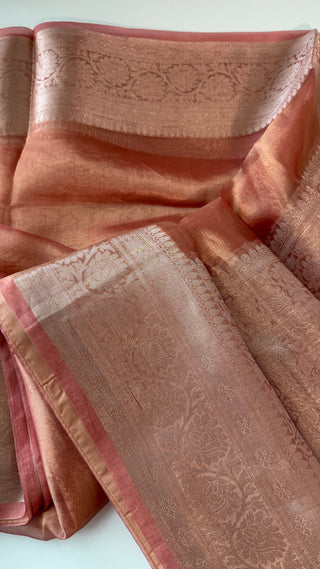 Pure Tissue Pastel Peach beneras organza saree stitched blouse saree readymade online USA