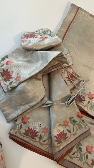 Pure silver zari silk brocade  silk pure embroidered silk handwoven