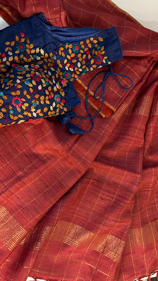 Rouge Pink Tussar pure silk saree embroidered blouse with pure handloom saree Handloom silk Tussar with embroidery silk blouses zari borders and fine checks Partywear bridesmaids