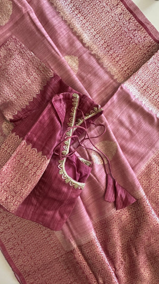 Pink Tussar Beneras Katan saree with prestitched blouse