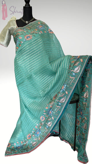 Pastel  Turquoise Organza Silk silver zari Saree with Silver Floral Embroidery – Lightweight Party Wear Saree Online USA, Ready to Wear with beneras brocade silk  Blouse Diwali festive bridesmaids Indian wedding