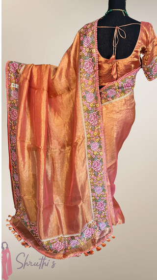 Pure Tissue Beneras Orange handwoven pure silk saree stitched blouse saree readymade online USA