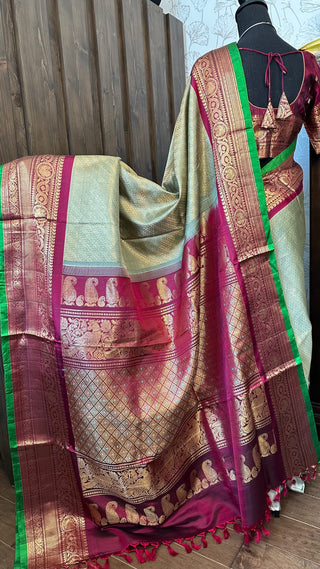 Pure Handloom maroon Gadwal silk saree pure zari gold zari silk saree with stitched blouse ready to ship USA Easy drape