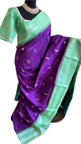 Purple Gadwal handwoven silk saree with embroidered stitched blouse