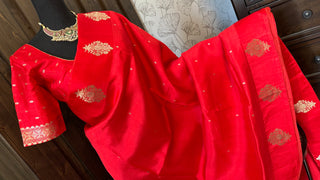 Red Handloom Banaras raw mango silk Pure Silk Saree with Gold Zari Border – Ready to Wear Online USA