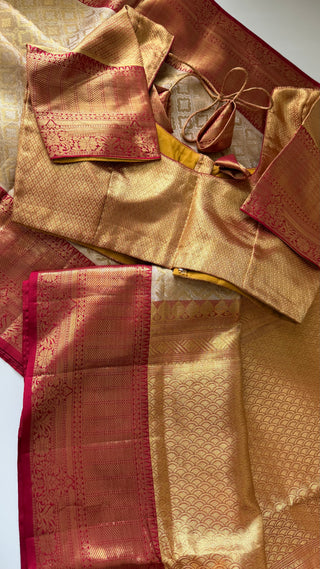 Gold Tissue Red Brocade Pure silk pattumuhurtam saree pure zari Kanjivaram silk saree with prestitched blouse embroidered blouse