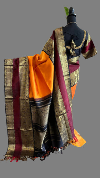 Yellow kanjivaram silk saree blouse embroidered blouse pure zari indian wedding engagement silk saree online usa