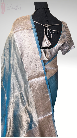 Pure Tissue Beneras pastel Ice Blue checks handwoven pure silk saree stitched blouse saree readymade online USA