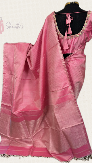 Pure Handwoven Pastel Pink pure handwoven kanchi pattu saree with blouse