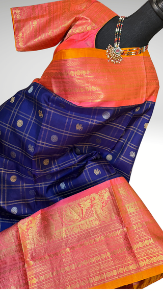 Pure Gadwal silk checks  saree pure zari  dark blue to pink gold zari silk saree