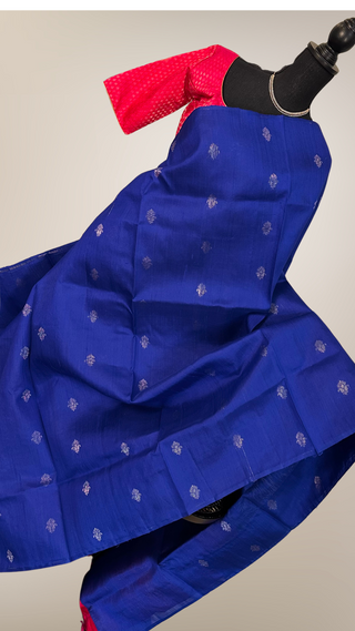 Pure Blue Raw silk saree with silver motifs  with printed blouse contrast blouse