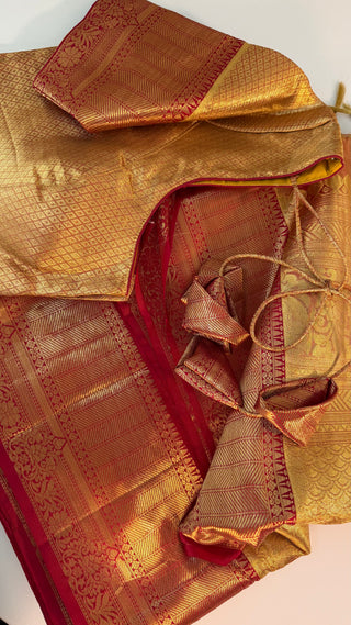 Gold Tissue Red Brocade Pure silk pattumuhurtam saree pure zari Kanjivaram silk saree with prestitched blouse embroidered blouse