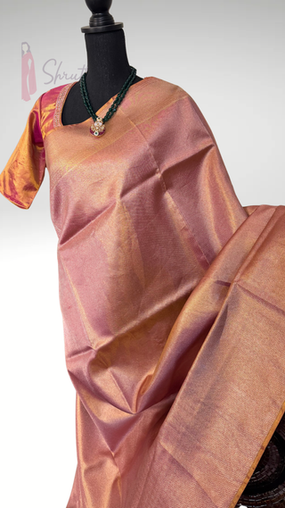 Kanjivaram rose gold silk saree bridal with prestitched hand embroidered blouse jyothika saree