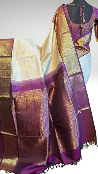 Ven pattu saree White Cream and purple pure zari kanjivaram silk saree with prestitched blouse embroidered blouse